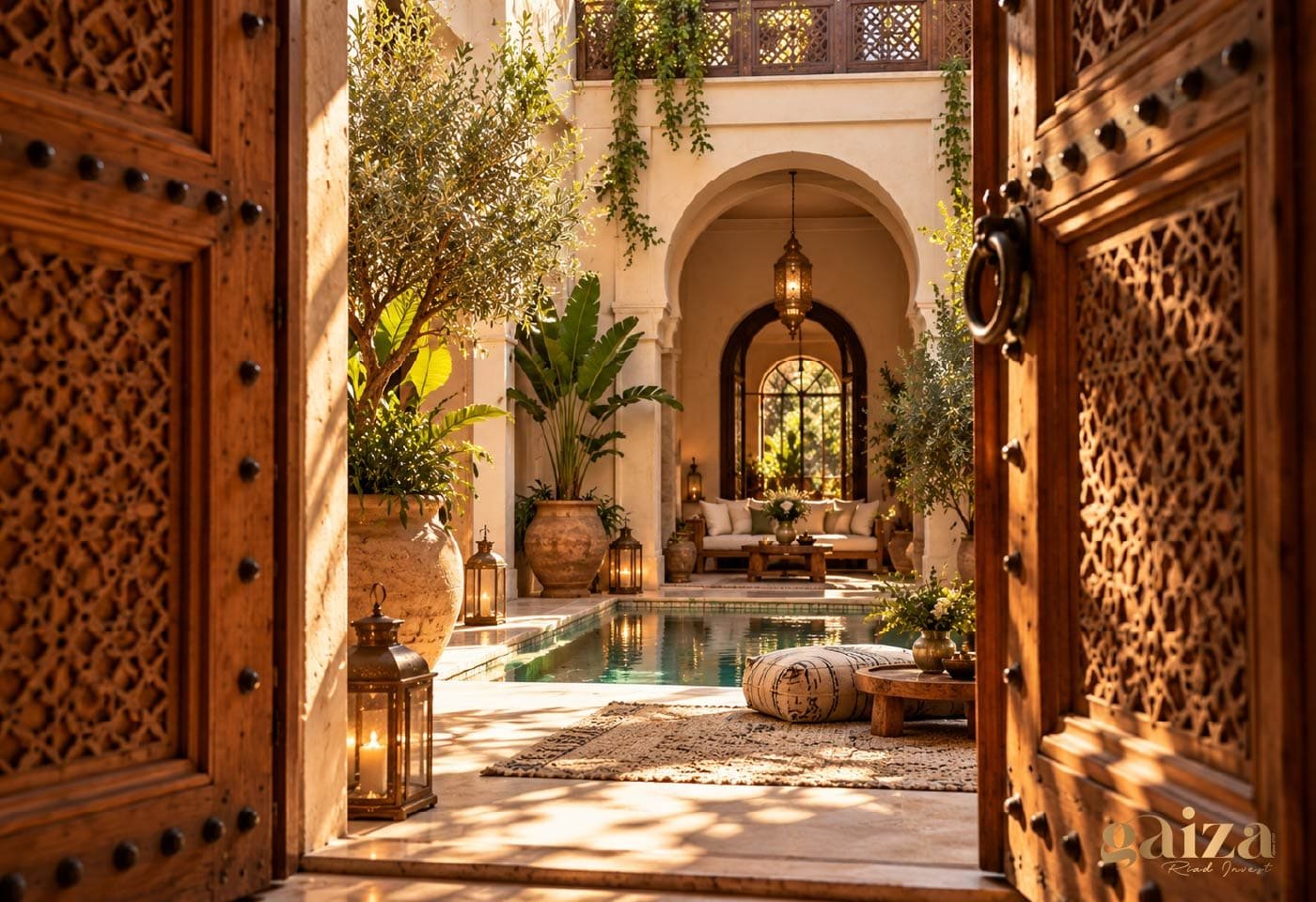 Porte en bois sculpté ouverte sur le patio d'un riad, avec bassin et lanternes