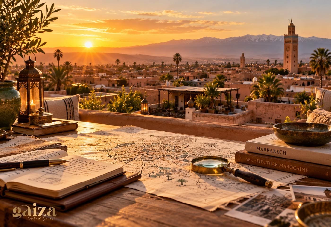 Plan de la médina et livres sur une terrasse face aux toits de Marrakech et à la Koutoubia au coucher du soleil