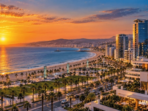 Front de mer d’une grande ville marocaine au coucher du soleil